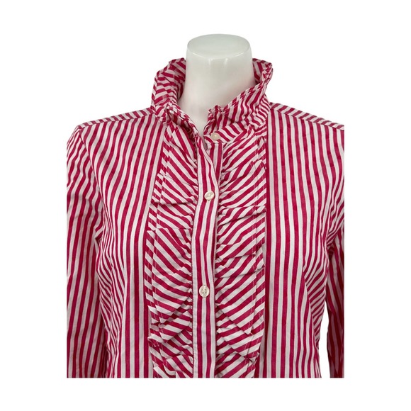 Vineyard Vines Womens Button Front Top 10 Red White Stripe 100% Cotton Ruffles - Picture 2 of 6
